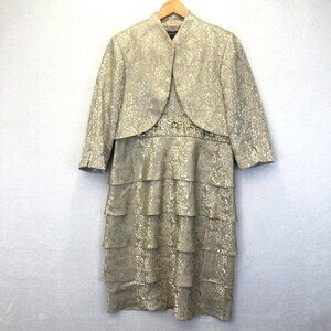 R&M Richards Tiered Dress & Jacket Set Womens 14 Gold Formal Sequin Rhinestone